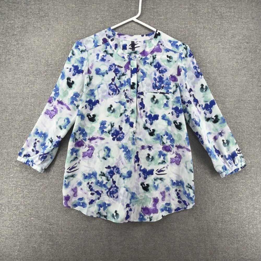 NYDJ Blouse Top Women Size Small‎ White Blue Floral 3/4 Sleeve Casual